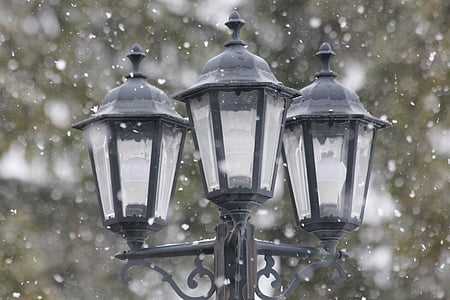 램프, 조명, 눈, 겨울, 공공 조명, 가로등, 빛