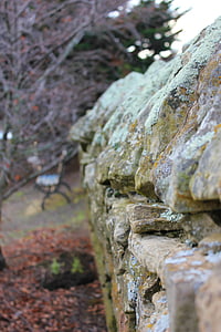 stone fence, old, weathered, aged, lichen, moss, garden