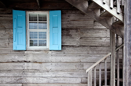 blue, wooden, shutter, door, house, shutters, window