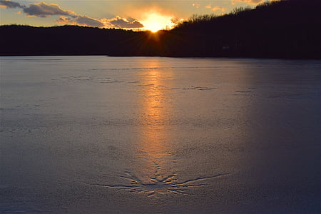 naplemente, tó, fagyasztott, téli, Sky, víz, természet