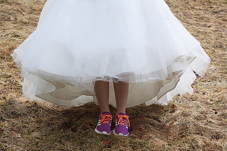 wedding dress, sneakers, white, dress, legs, stand, shoes