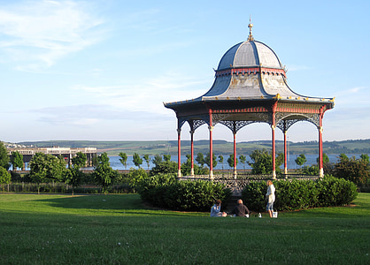 bandstand, canopy, park, people, sky, bridge, grass