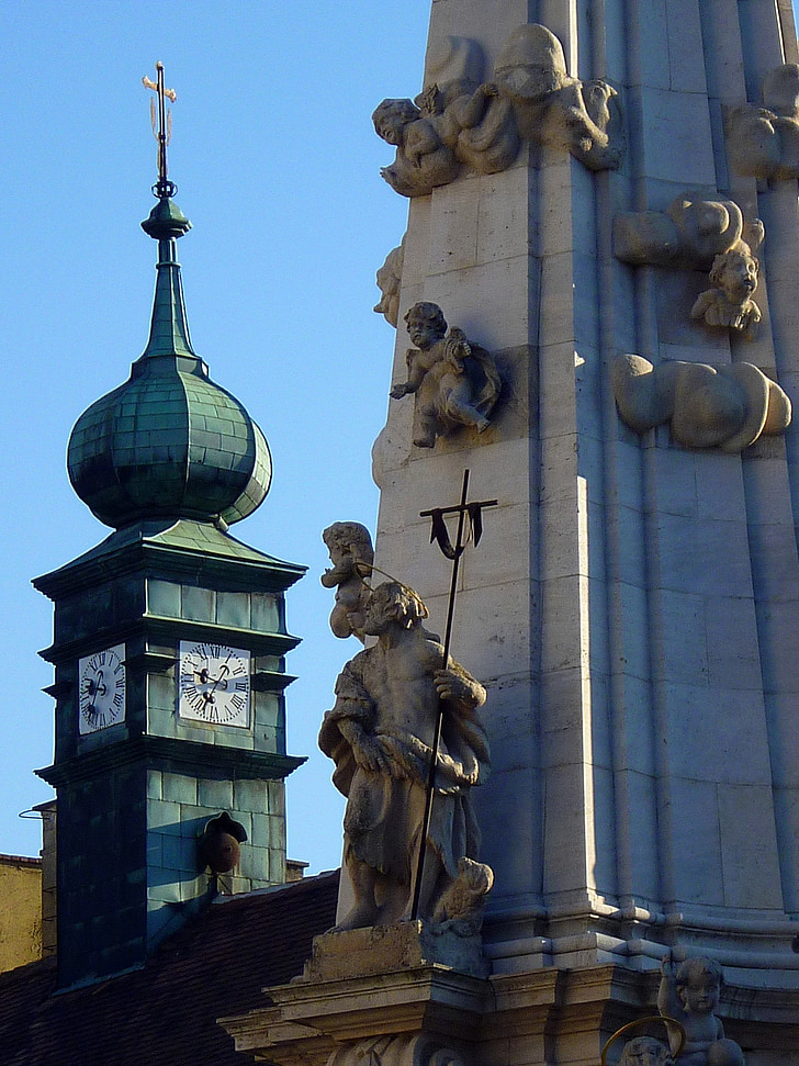 budapest, buda, castle area, holy trinity, statue, blue sky, clock tower