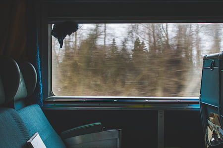 sedačky, vlakem, cestování, stromy, pohled, okno