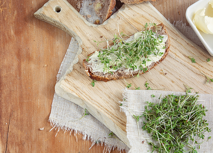 cress, food, green, bread, bread and butter, cress bread, wooden board