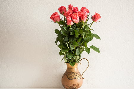 bouquet of roses, brass vase, blossom, bloom, leaves, vase, bouquet