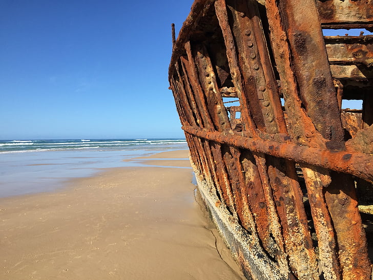 wreck, beach, ship, old, rusty, sea, sand