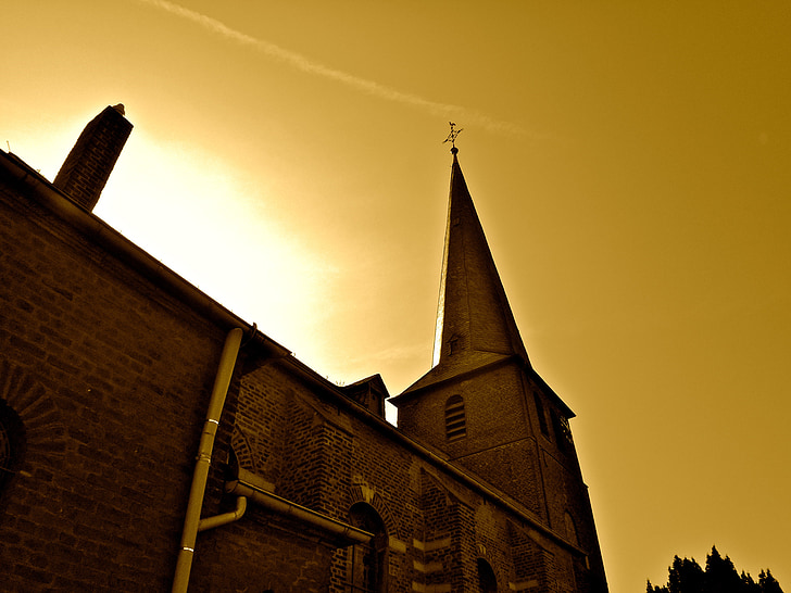church, evening, mood, tower, building, perspective, sephia