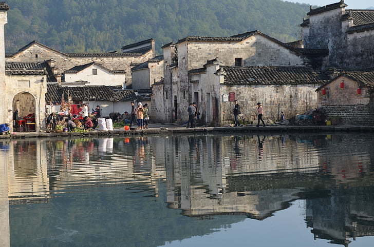 Anhui, huizen, hongcun dorp, buitenkant van het gebouw, het platform, reflectie, ingebouwde structuur