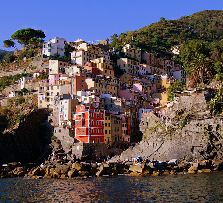 morze, Rock, góry, Riomaggiore, Liguria, Włochy, Cinque terre