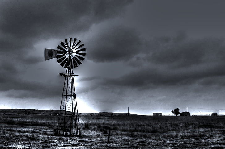 black and white landscape, windmill, country, cloud - sky, alternative energy, wind power, wind turbine