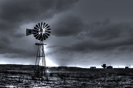 paesaggio in bianco e nero, Mulino a vento, paese, nube - cielo, energia alternativa, energia eolica, turbina di vento