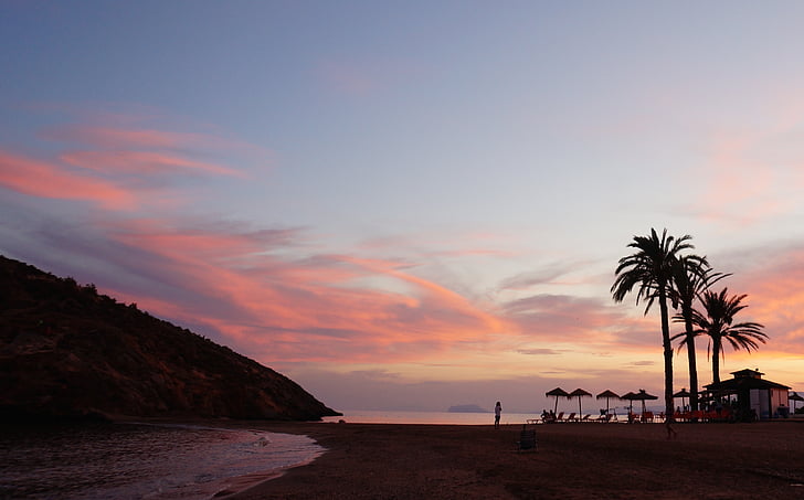 Mazarrón, Castellar, Murcja, zachód słońca, Plaża, Latem, Hiszpania