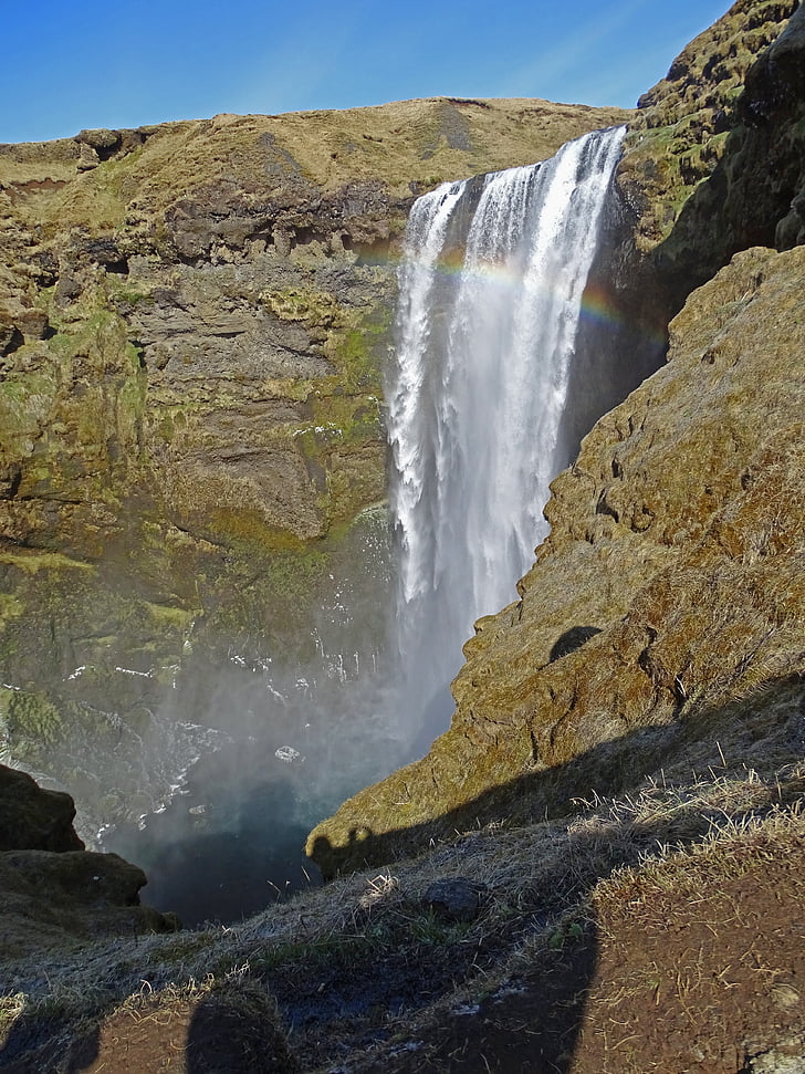 cascata, montagna, arcobaleno, Islanda, roccia, flusso