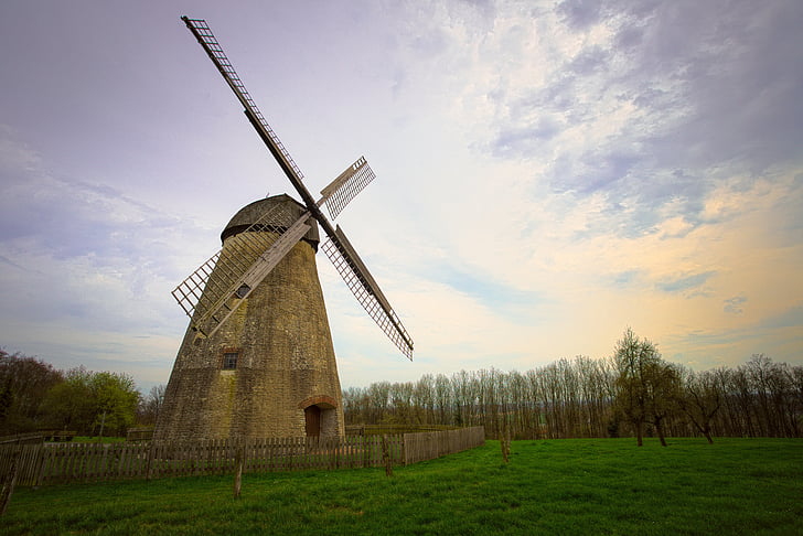windmill, clouds, sky, lonely, weather, landscape, loneliness