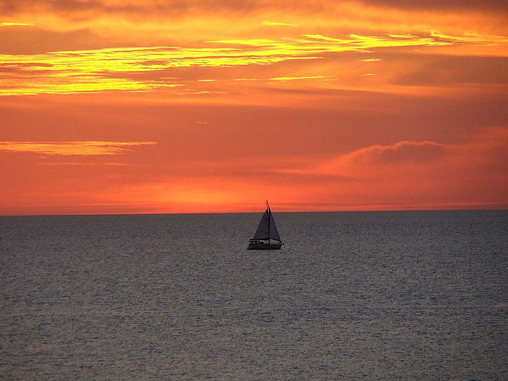 sunset, ocean, water, wave, boat, sail, clouds