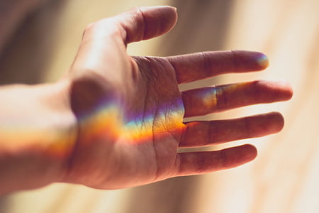 hand, rainbow, light, human body part, human hand, one person, adult