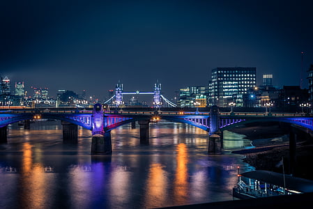 Londýn, Tower bridge, noční, Panoráma města, Most, Anglie, Temže
