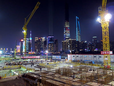 上海, 天际线, 摩天大楼, 晚上, 中国, 亚洲, 建筑