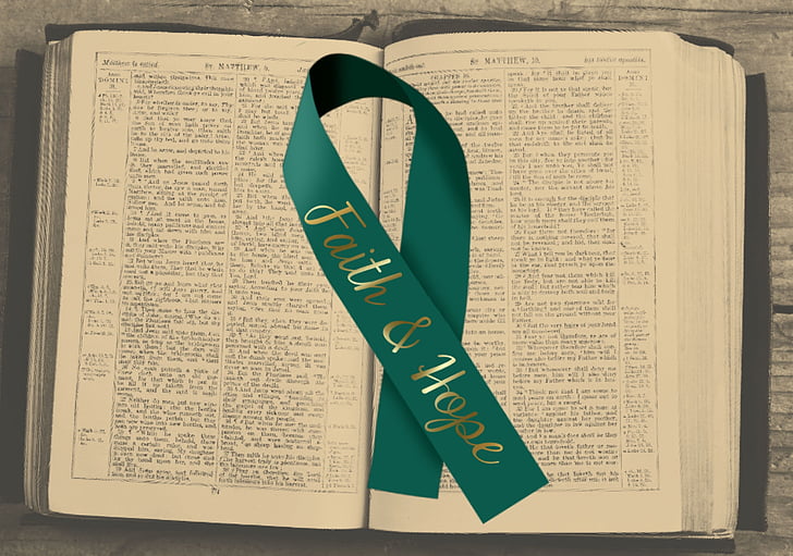 cancer ribbon, bible, faith, hope, book, christianity, religion