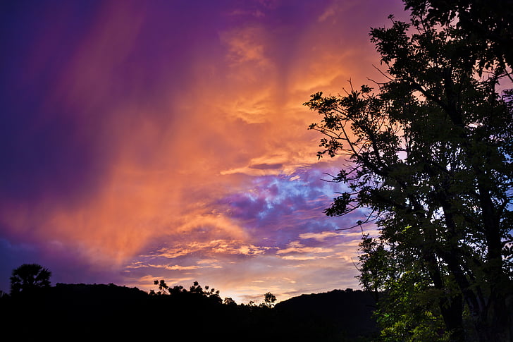 sunset, clouds, evening, purple, orange, sky, night