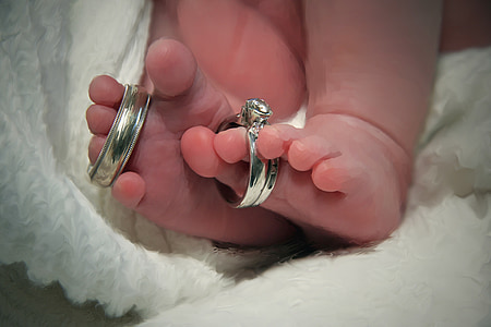 Svatba, kroužky, dítě, novorozence, dítě, prsty u nohou, rodiče