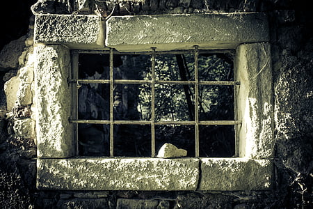 börtön, börtön-ablak, ablak, ROM, fal, törött, kő
