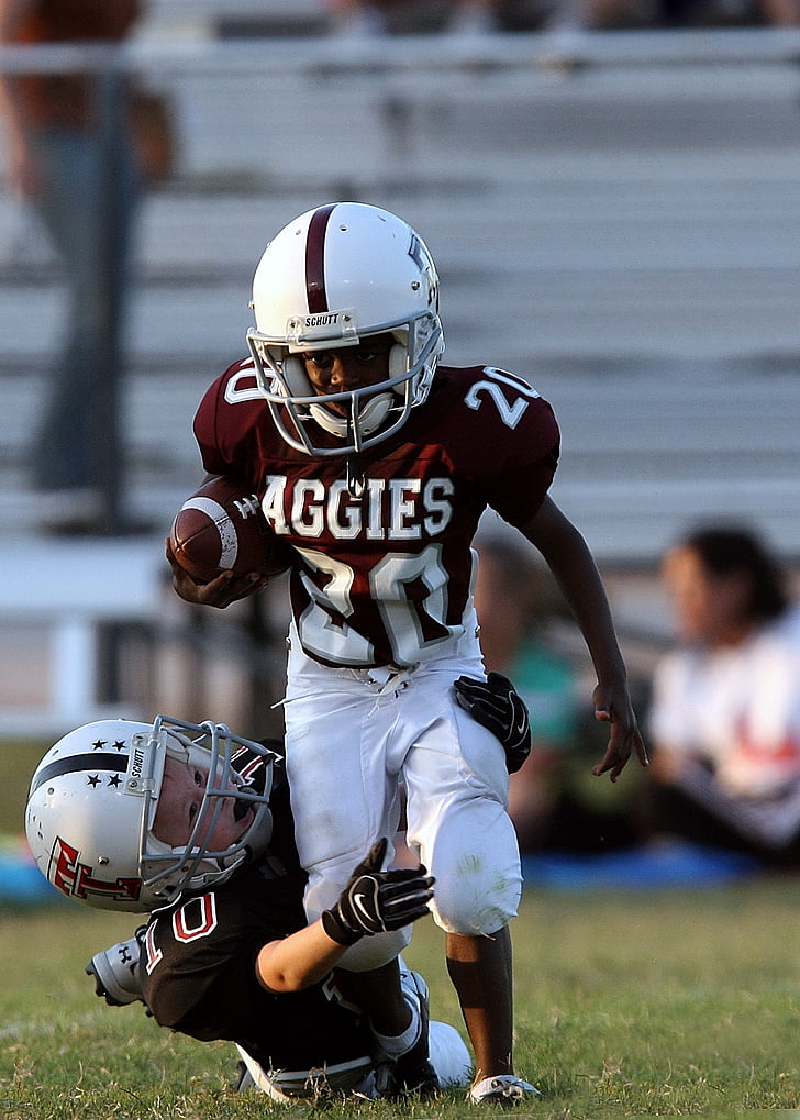 football, action, running back, youth league, ball, field, sport