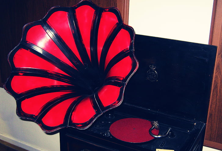 Gramofon, zene, régi, retro, Vintage, Audio, piros