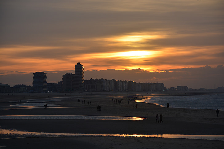 Oostende, zalazak sunca, more, narančasta, Sunce, boje, glas
