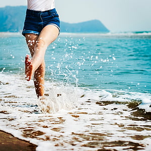 Stomp, πόδια, άτομα, γυναίκα, Ευτυχισμένο, κύματα, Ωκεανός
