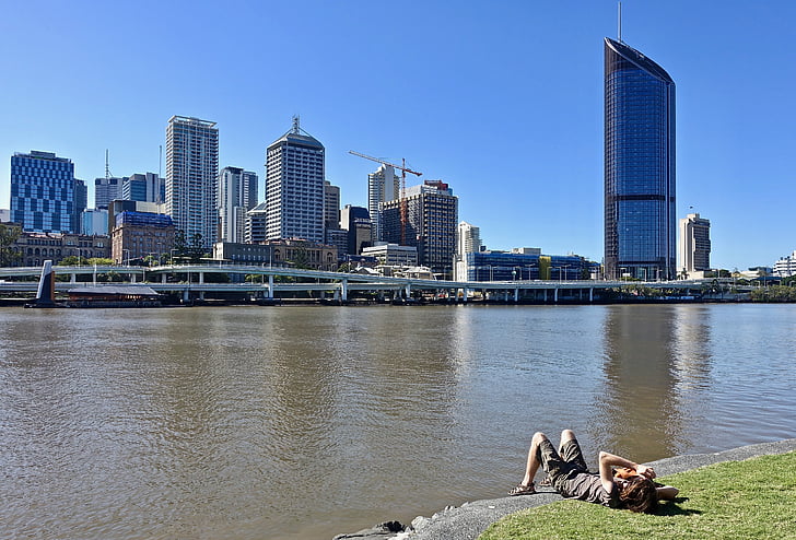 Brisbane, elven, skyline, bybildet, bygninger, Business