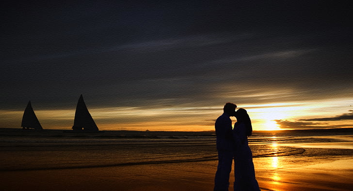 sunset, kiss, love, young, couple, people, happy