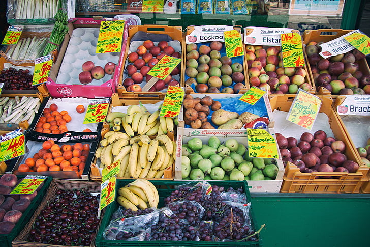 pasar, buah-buahan, berdiri, kios, segar, sehat, organik