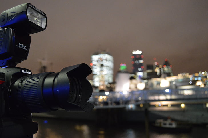 appareil photo, mise au point, Londres, pont, nuit, ville, rivière