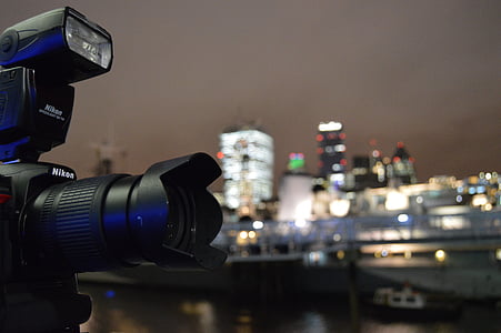 fotocamera, messa a fuoco, Londra, Ponte, notte, città, fiume