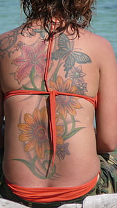 tetovanie, žena, dievča, samica, späť, kvety, bikiny