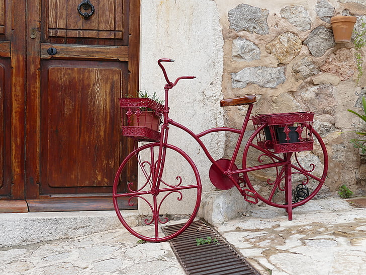Art, objecte, bicicleta, vermell, decoració, metall, hauswand