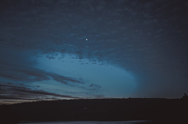 photo, blue, clouds, night, time, moon, sky