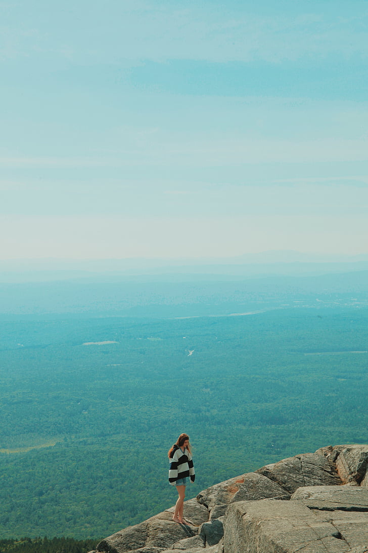 woman, wearing, striped, shirt, standing, cliff, viewing