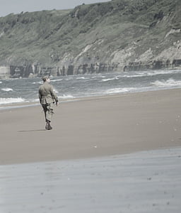 soldato, a piedi, solo, spiaggia, Normandia, atterraggio, oceano