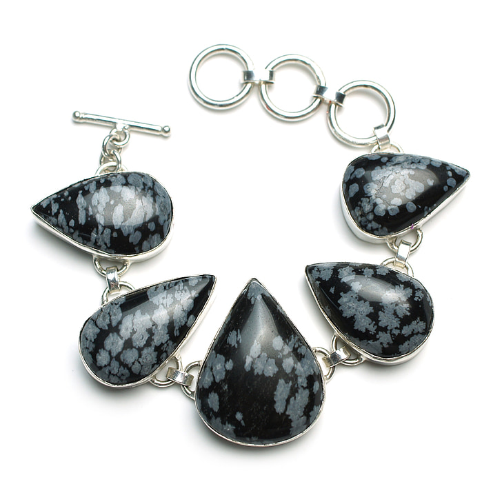 kepingan salju obsidian, gelang, batu, Sterling, perak, perhiasan, cabochon