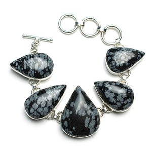 kepingan salju obsidian, gelang, batu, Sterling, perak, perhiasan, cabochon