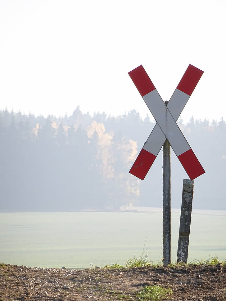 brouillard, andreaskreuz, train, Remarque, panneau de signalisation, mise en garde, passage à niveau