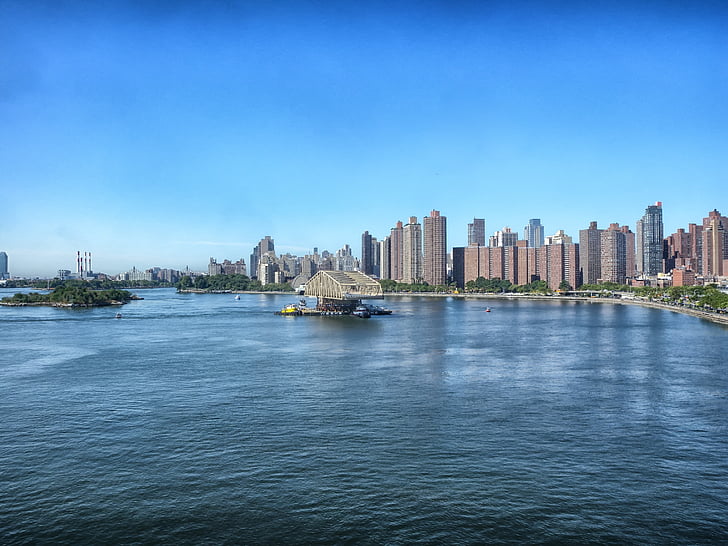 new york city, budynki, Skyline, Architektura, drapacze chmur, statek, Rzeka