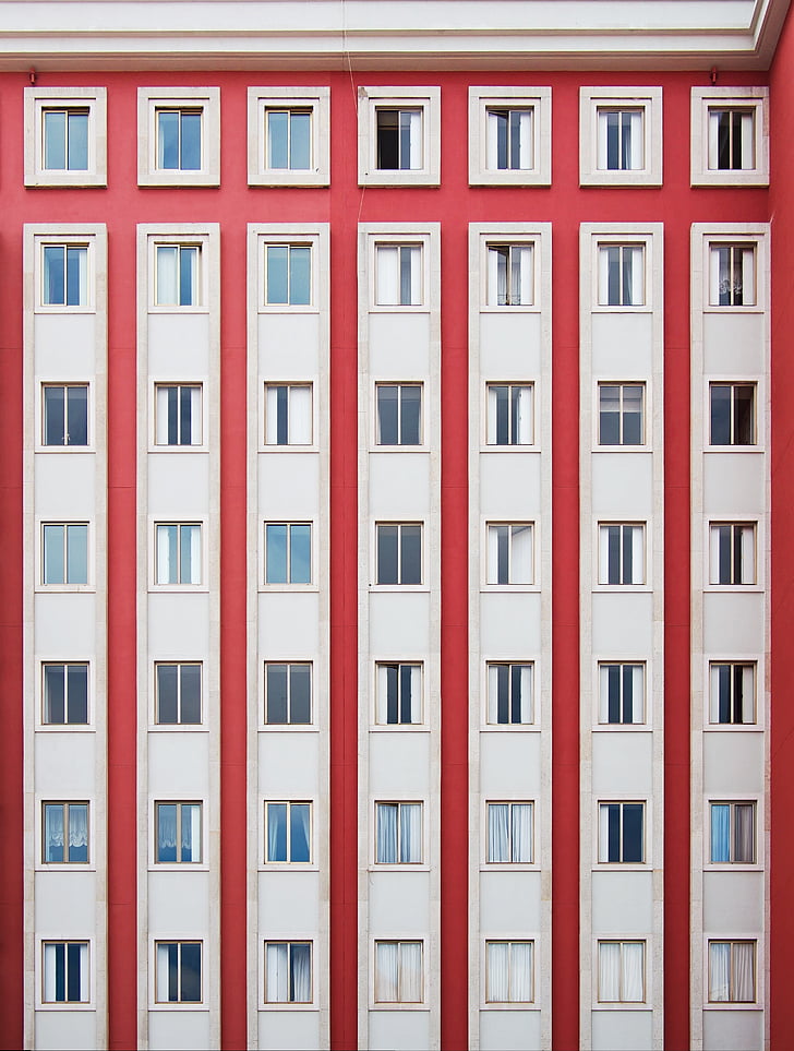 arhitektūra, ēka, dzīvoklis, Windows, condominium, simetrija, sarkana