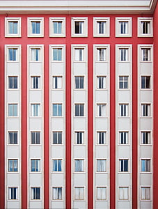 építészet, épület, Apartman, Windows, társasház, szimmetria, piros
