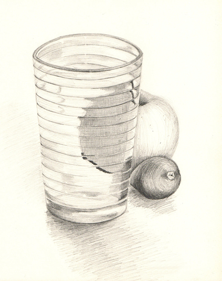 pencil, graphite, still life, glass, apple, drawing, illustration