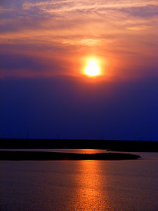 Západ slunce, jezero, reflexe, slunce, obloha, červená, Krása