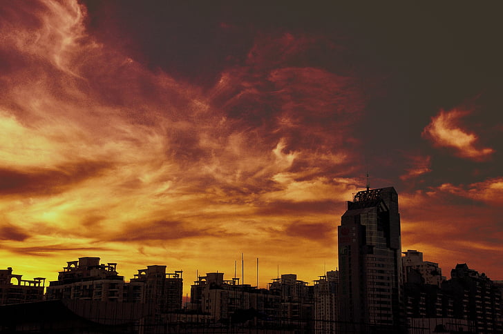 city, sunset, skyline, clouds, yellow, sky, sunlight